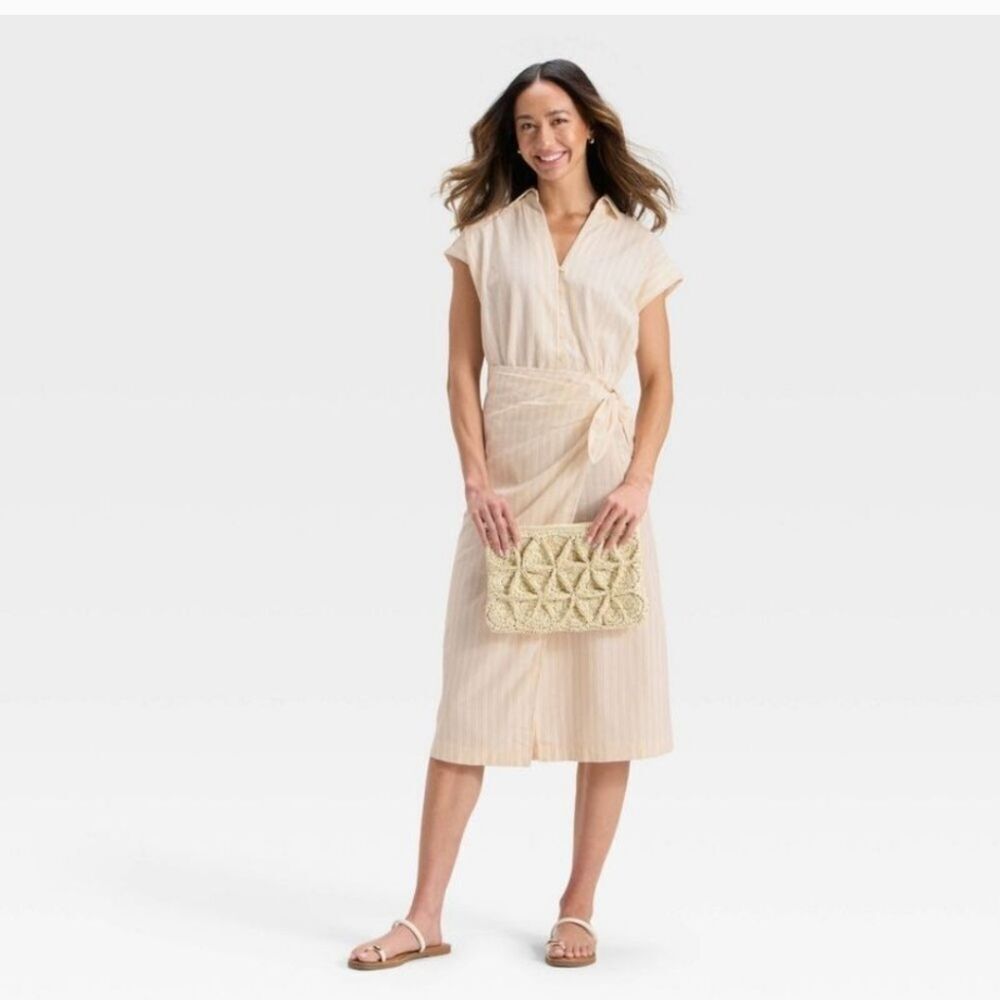 🆕️🥻Short Sleeve Wrap Waist Midi Shirtdress -  Cream, Sz L